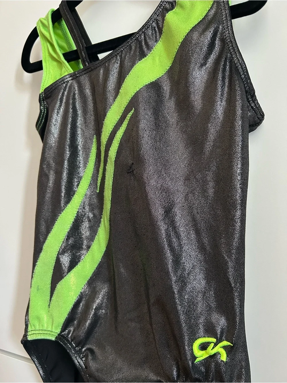GK Metallic Black Gymnastics Leotard with Green Accents - Child’s Large